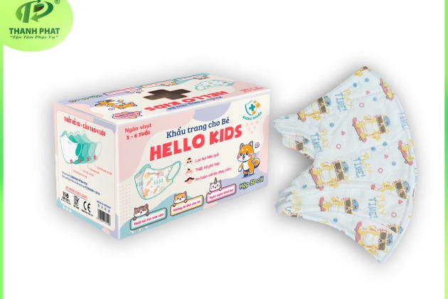 Khẩu Trang Em Bé Hello Kids 3D ( Họa Tiết Mèo Đeo Kính - 50 Cái/Hộp )